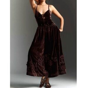 🟠NWT ANTHROPOLOGIE 3D Floral Velvet Jumpsuit in Powdered Cocoa